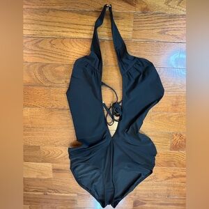 Tory Burch Black Plunge Halter One Piece Swimsuit Women's Large Designer Swim